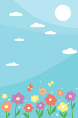 Summer vertical background with sky and flowers. Vector flat graphics.
