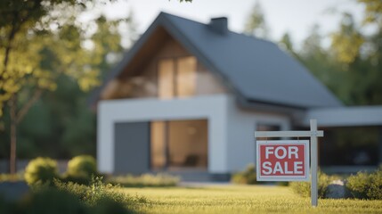 Modern House with For Sale Sign - Vibrant Contemporary Architecture in Suburban Neighborhood - Eye-Catching Property on White Background