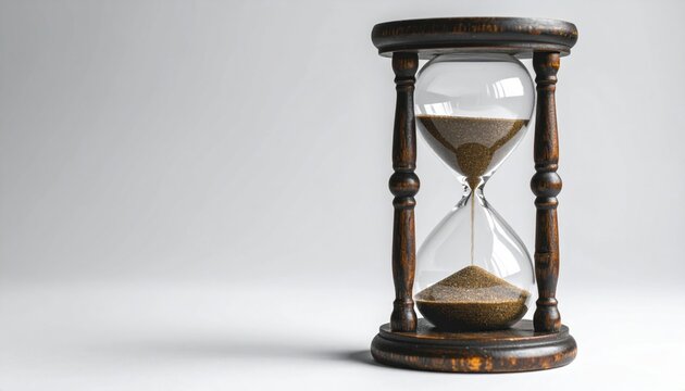 Elegant Hourglass with Sand Flowing on Light Gray Background with Dark Wooden Frame