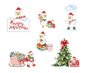 Festive Goose Christmas Illustrations, A Merry Goose Christmas Clipart