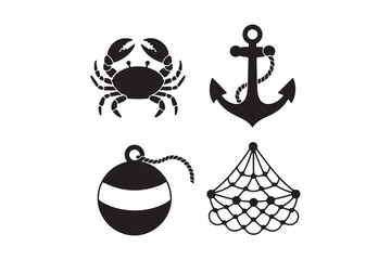 Nautical icons crab anchor buoy and fishing net