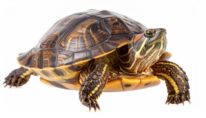 Fototapeta premium A vibrant red-eared slider turtle poses against a white background.