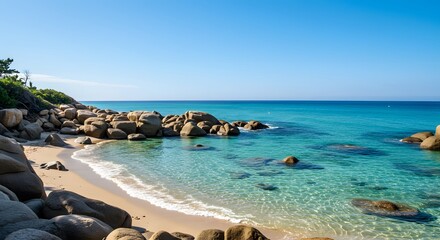 Serene Coastal Paradise: Turquoise Waters and Granite Rocks on a Sunny Beach