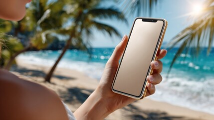 Hand holding a smartphone with a blank screen on a tropical beach, ideal for app mock-ups or travel promotions.