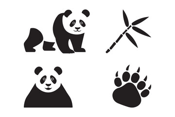 Four simple panda illustrations with bamboo and paw print © Laboni