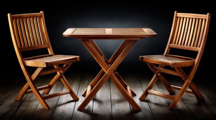 Wooden folding garden furniture set, perfect for outdoor settings, featuring a rustic table and two chairs on a wooden floor backdrop.