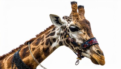 Giraffe Close Up with Colorful Beaded Adornment in Natural Outdoor Lighting