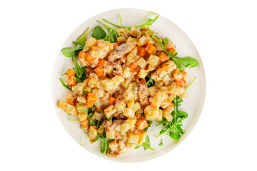 Potato salad with smoked fish tasty snack fresh delicious gourmet food background on the table rustic food top view copy space