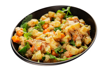 Potato salad with smoked fish tasty snack fresh delicious gourmet food background on the table rustic food top view copy space