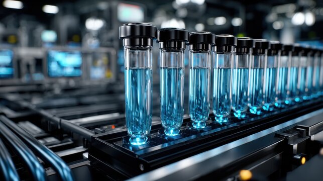 Close-up of test tubes with blue liquid in a high-tech lab, highlighting advanced genetic research and diagnostic technology.