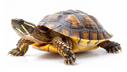 Obraz premium A vibrant yellow-and-black turtle crawls on a white background.