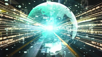 Futuristic global network and tacit digital data transfer 3D graphic . Concept of smart digital transformation and technology disruption that changes global trends in new information era . - Powered by Adobe