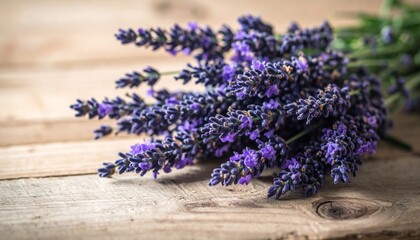 Close Up of Purple Lavender Flowers on Rustic Wooden Surface in Natural Light