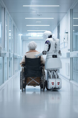 Android robot caregiver assisting an elderly person in a wheelchair inside a modern clinic, concept of AI Artificial intelligence healthcare, robotic caregiving, elderly care, and medical technology.