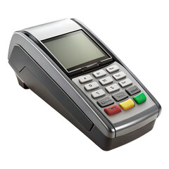 Modern silver and gray credit card terminal with numeric keypad and function buttons on black background