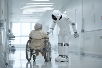 Android robot caregiver assisting an elderly person in a wheelchair inside a modern clinic, concept of AI Artificial intelligence healthcare, robotic caregiving, elderly care, and medical technology.