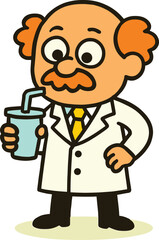 Cartoon scientist character with white lab coat, drinking juice with straw, funny professor illustration, educational vector design, quirky laboratory hero.
