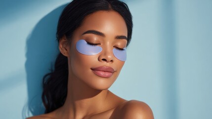 Beautiful young woman with closed eyes wearing blue under eye patches while leaning on a soft blue wall in natural light.