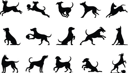 Silhouette illustration of playful dogs with balls, active pets jumping, running, playing fetch, perfect for pet design and decoration