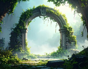 Sunlit Stone Archway Overgrown with Vines in Lush Green Forest Pixel Art Style