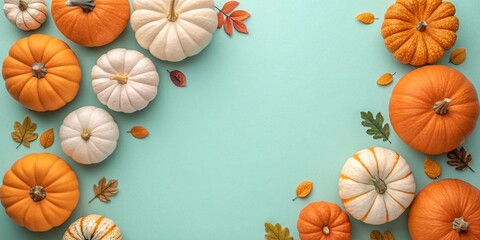 Orange and white pumpkins autumn leaves turquoise background copyspace
