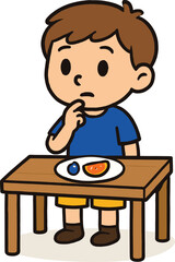 Cartoon boy sitting at table, thinking about food, healthy fruit choice, blueberry, orange slice, kids meal, nutrition, illustration.