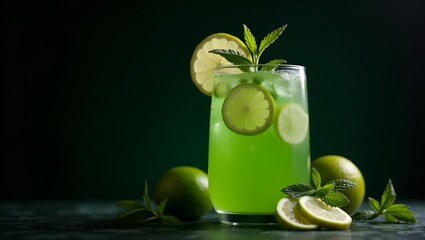 Refreshing beverage can in green design, styled with lime slices and mint leaves, condensation and splashes enhancing the cool, thirst-quenching concept, perfect for hot summer days.