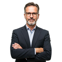 Mature professional man wearing a dark suit and glasses with arms crossed confidently isolated on transparent background