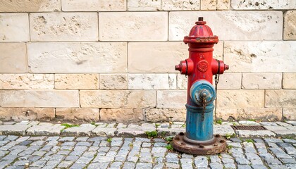 Weathered red and blue fire hydrant against a textured brick wall and cobblestone street