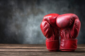 Two red leather boxing gloves rest on a wooden surface against a textured gray backdrop