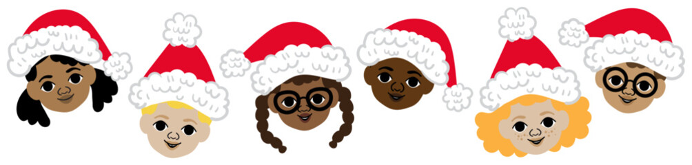 cartoon illustration of group of six diverse children wearing santa hats on a transparent background