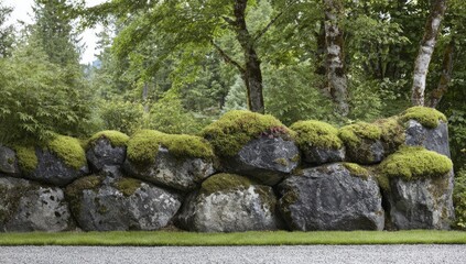 A large stone wall covered in lush green moss, nestled within a tranquil garden setting.