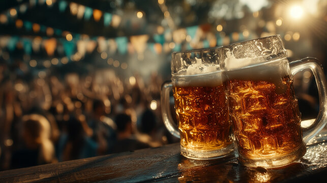 Friends toasting with beer mugs in festive garden celebrating International Beer Day