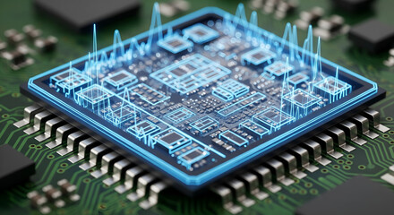 Futuristic Circuit Board with Glowing Data Flow Visualization