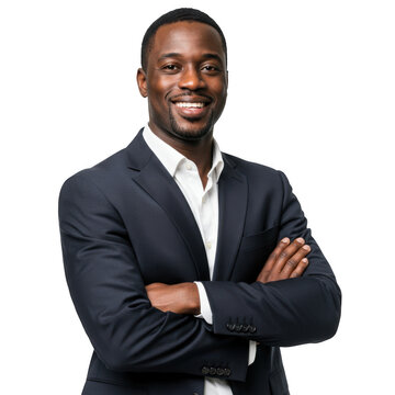 Smiling black man wearing a dark suit and white shirt with arms crossed confidently isolated on transparent background