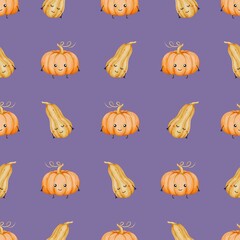 Seamless pattern with cute hand drawn watercolor kawaii pumpkins on a violet background. Autumn harvest design perfect for fabric, textile, wrapping paper, wallpaper, stationery, decoration.