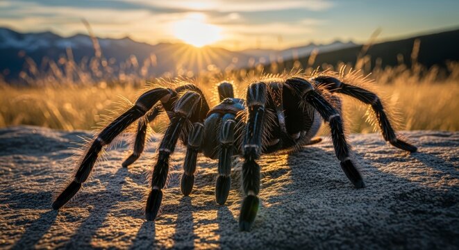 Detailed Tarantula Spider Crawling on Rock Surface at Sunset