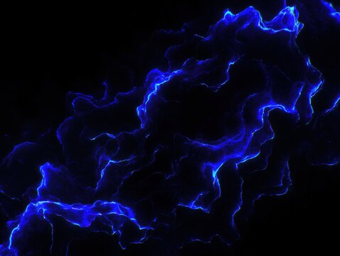 Vivid blue lightning-like tendrils streak across a black background, creating a dynamic, energetic abstract image reminiscent of electrical storms or plasma phenomena