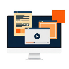 3d icon of computer screen displaying web pages and video player interface isolated on transparent background