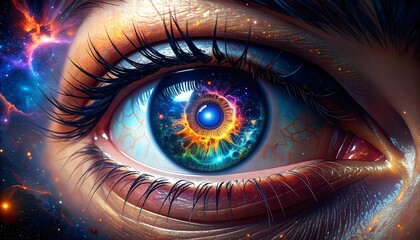 Futuristic Human Eye with Cosmic and Nebula Elements in Bright Colors