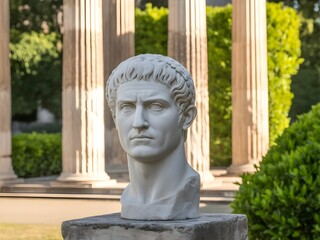 Marble bust of a roman emperor stands in a garden with classical columns