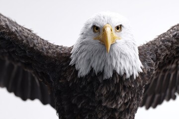 Obraz premium Majestic bald eagle in dynamic pose with outstretched wings against a neutral background