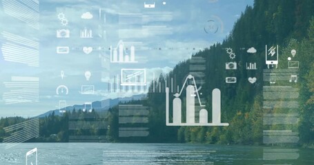 Animation of data processing, stock market and diagrams over landscape - Powered by Adobe