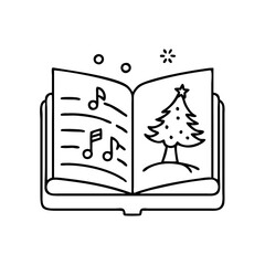Christmas carol book with tree illustration vector, holiday music notes and winter scene drawing