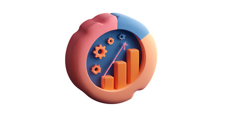 Dynamic infographic featuring bar graph and gears showcasing upward trends on transparent background