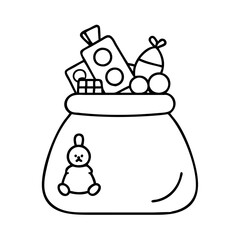 Illustration of a bag full of sweets and a rabbit toy for festive season coloring page