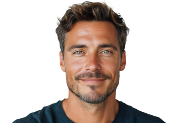 Handsome man with stubble and wavy hair looks directly at the camera with a slight smile on a transparent background