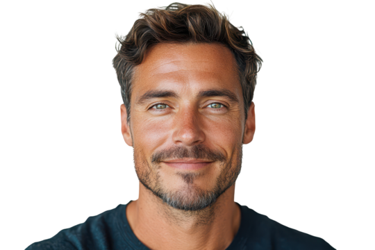 Handsome man with stubble and wavy hair looks directly at the camera with a slight smile on a transparent background