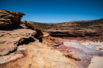 Arid rocky landscape with red cliffs and sandy terrain in Kalbarri National Park, Western Australia