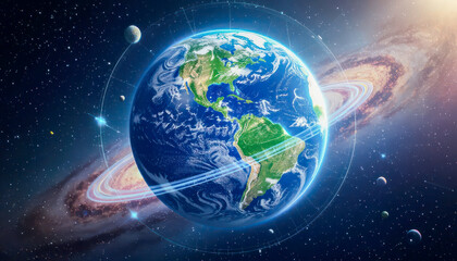 Fototapeta premium Earth in space surrounded by planets and a distant galaxy during nighttime